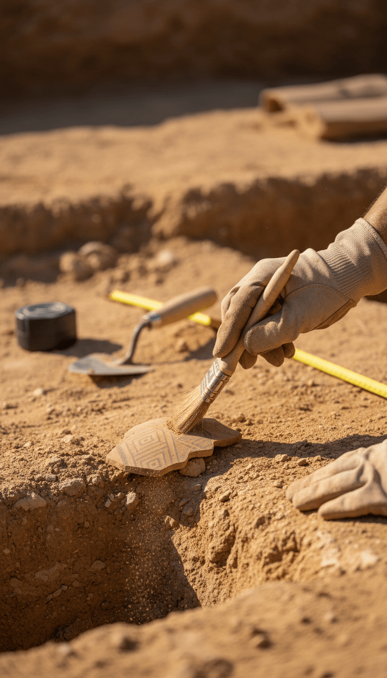 Archaeologist's hand brushing a ceramic fragment at a Balearic excavation site.